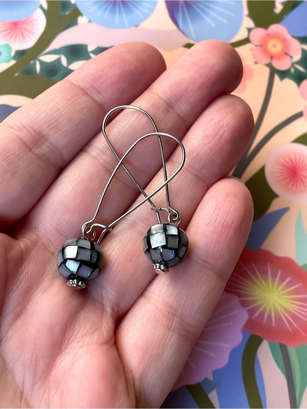Vintage/style mother of pearl inlay disco ball dangle earrings boho